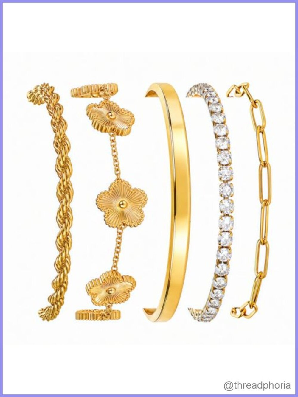 18K Gold Plated Non Tarnish 5-Pc Bracelet Set for Women Stackable Cuff & Chain